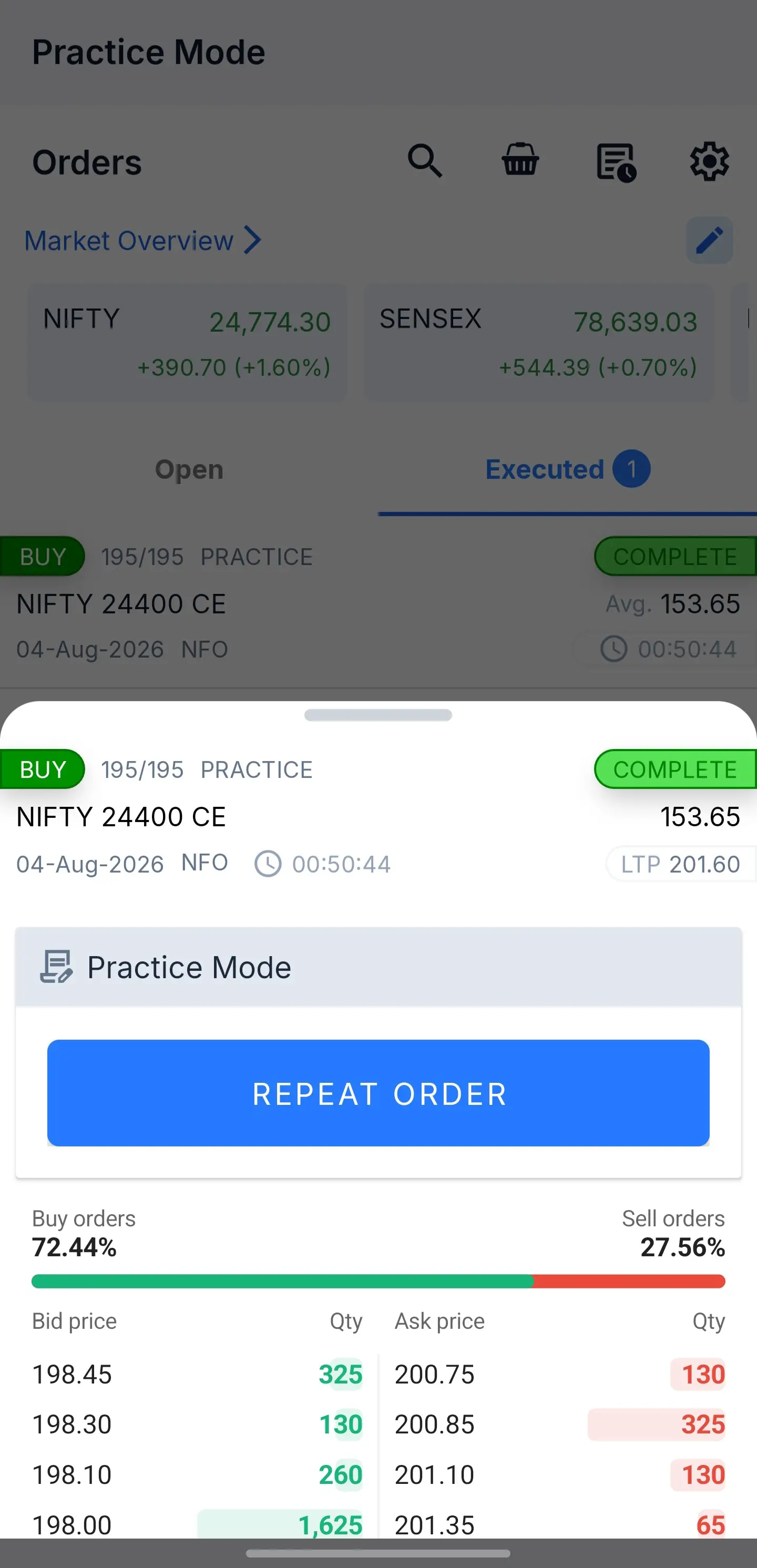Niota app orders screen in practice mode: a completed practice buy order on a NIFTY strike, with the bid and ask depth below it