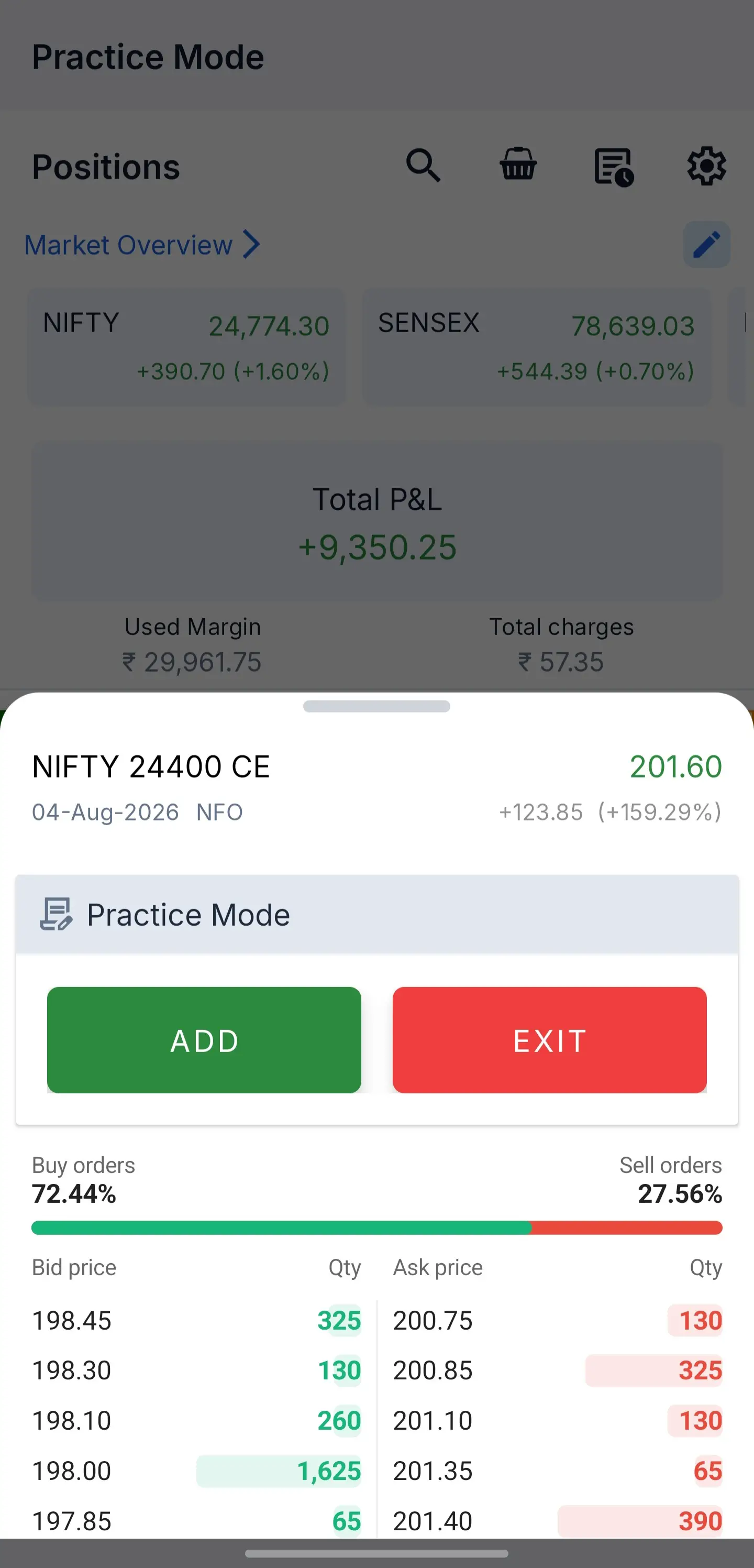 Niota app positions screen in practice mode, with an open order sheet showing the bid and ask depth for a NIFTY strike