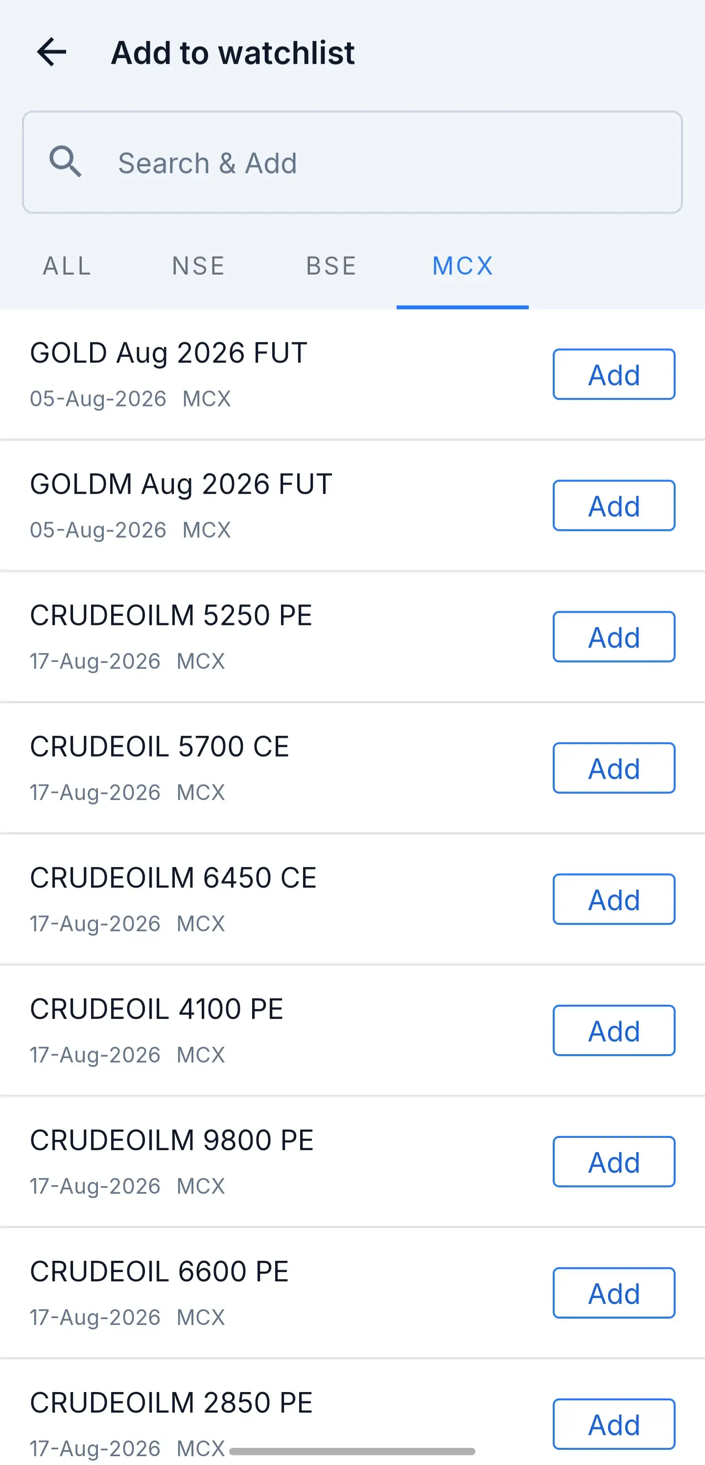 Niota app instrument search: add contracts to your watchlist from NSE, BSE or MCX, filtered here to MCX gold and crude oil options and futures