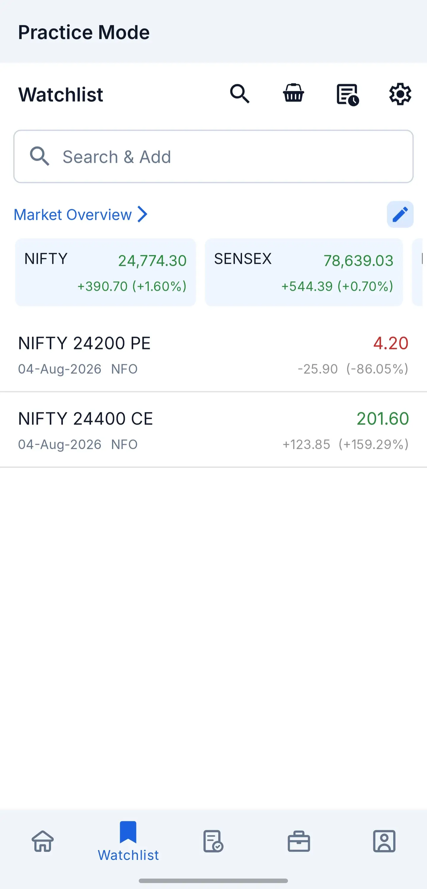 Niota app watchlist: saved NIFTY option strikes with their last traded prices and the day's change